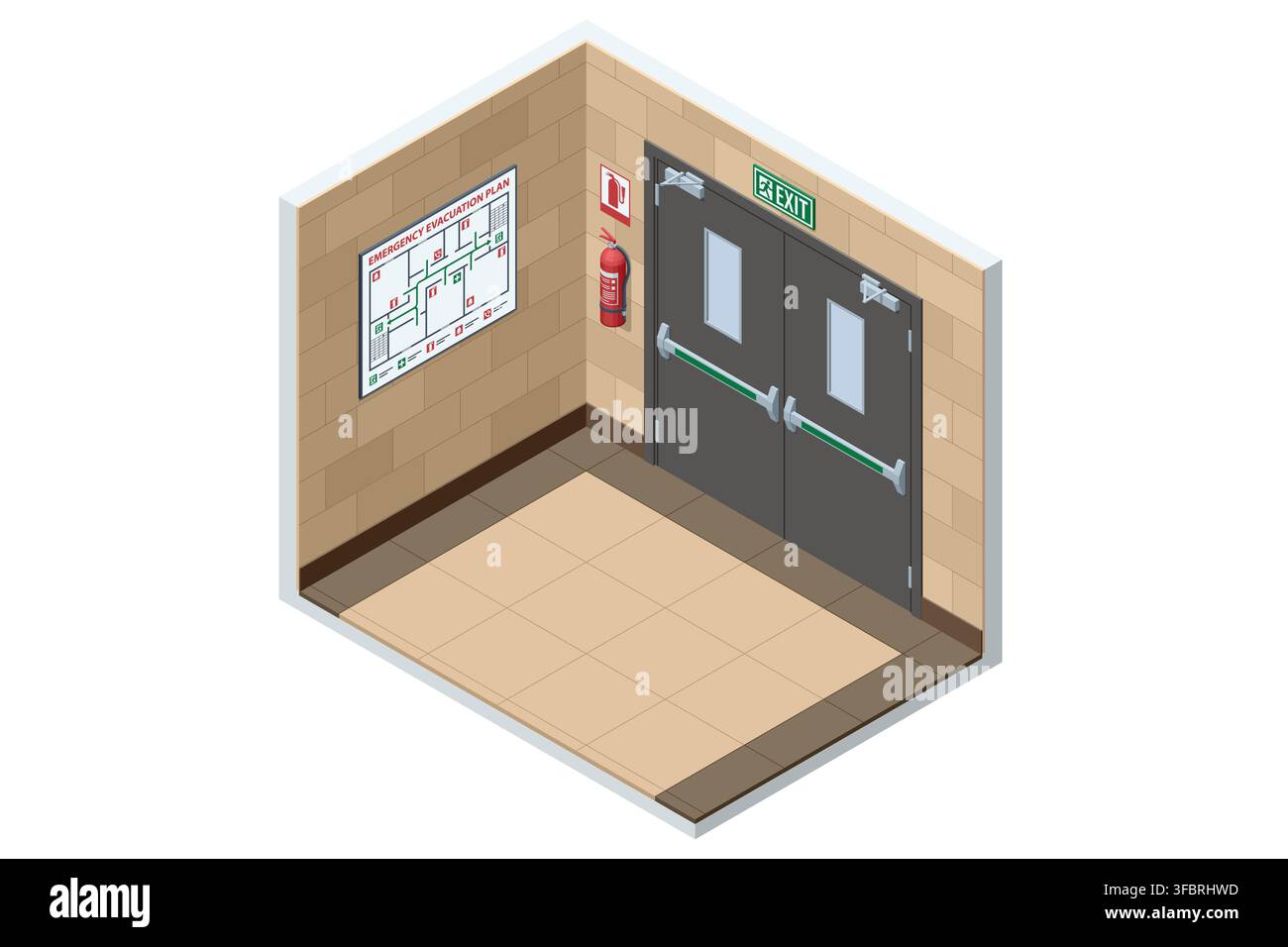Isometric fire exit corridor with evacuation plan and extinguisher Stock Vector