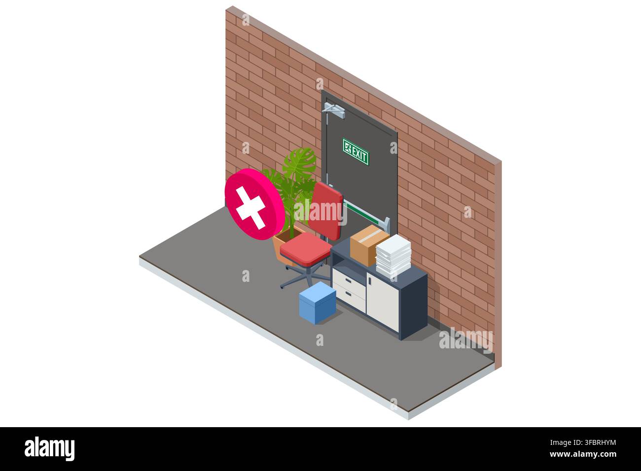 Isometric blocked fire exit showing workplace evacuation hazard Stock Vector