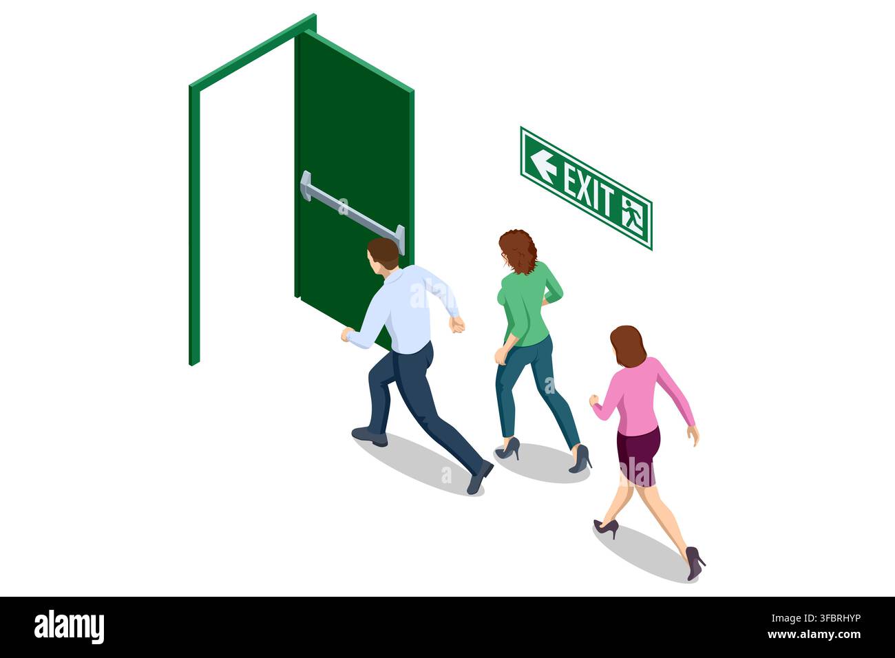 Isometric people evacuating through emergency fire exit Stock Vector