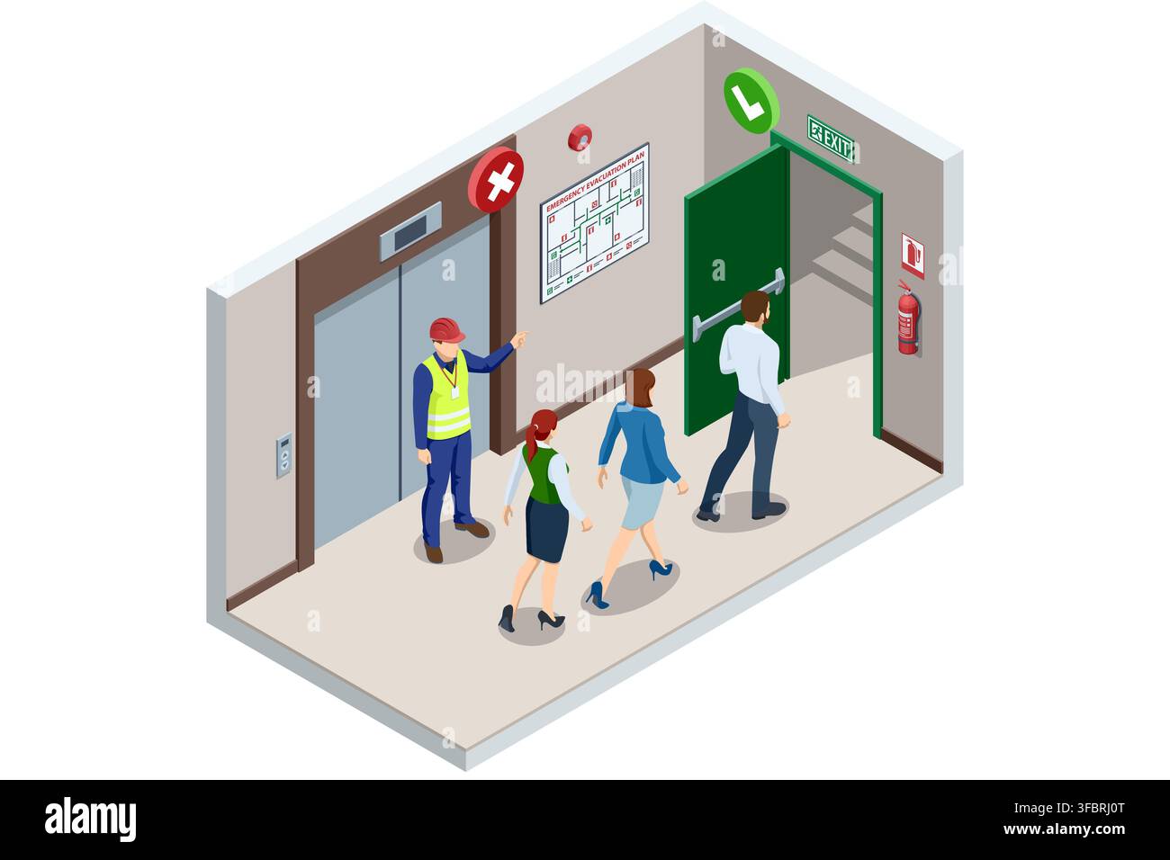 Isometric workplace fire evacuation with safety officer and exit Stock Vector