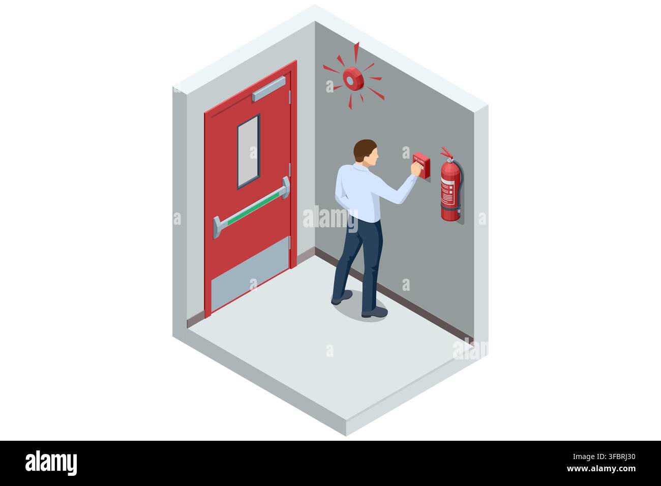 Isometric man activating fire alarm beside emergency exit Stock Vector
