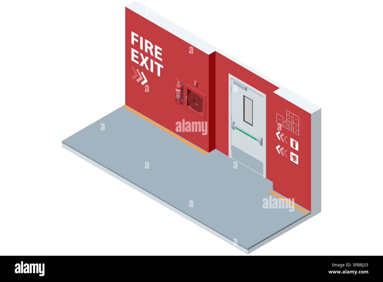 Isometric fire exit area with hose reel and extinguisher Stock Vector