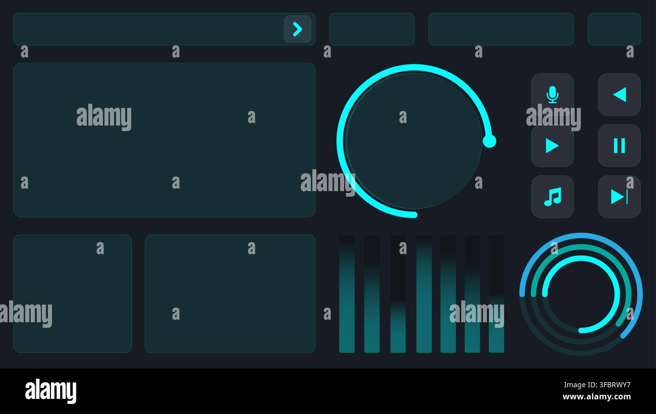 Premium vector user interface design components in modern cyan and dark teal tech style. Features universal dashboard layout with a circular controlle Stock Vector