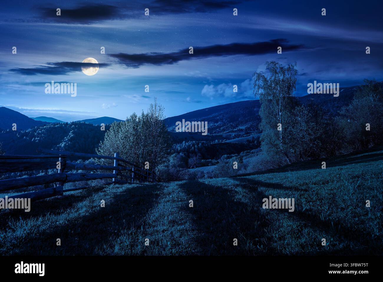 mountainous rural landscape in spring at night. mysterious view of valley fields. full moon over alpine meadow. carpathian mountains countryside with Stock Photo