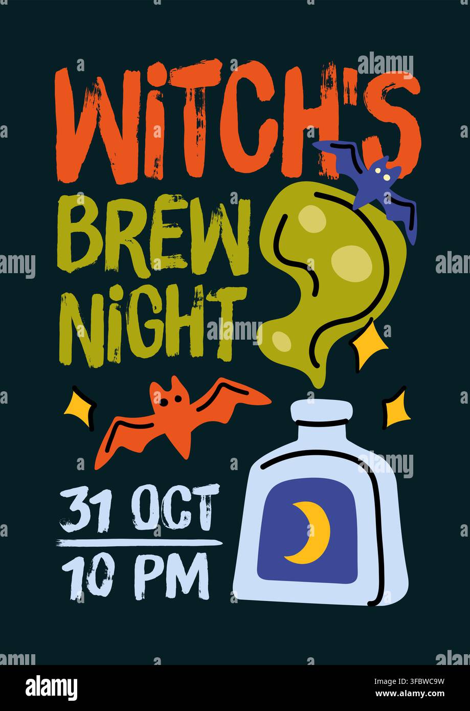 Magic witch potion bottle doodle vector flyer for Halloween party night Stock Vector