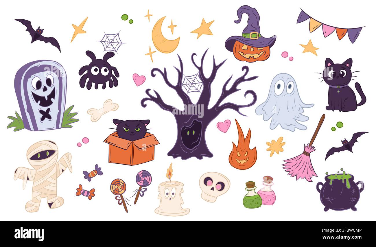 Vector set of Halloween themed characters and elements Stock Vector