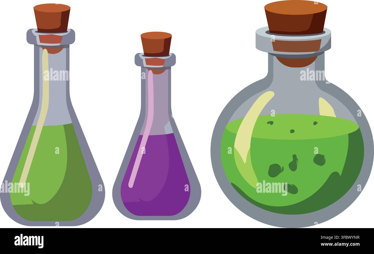 Halloween Magic Potion Bottles with Colorful Liquid Stock Vector