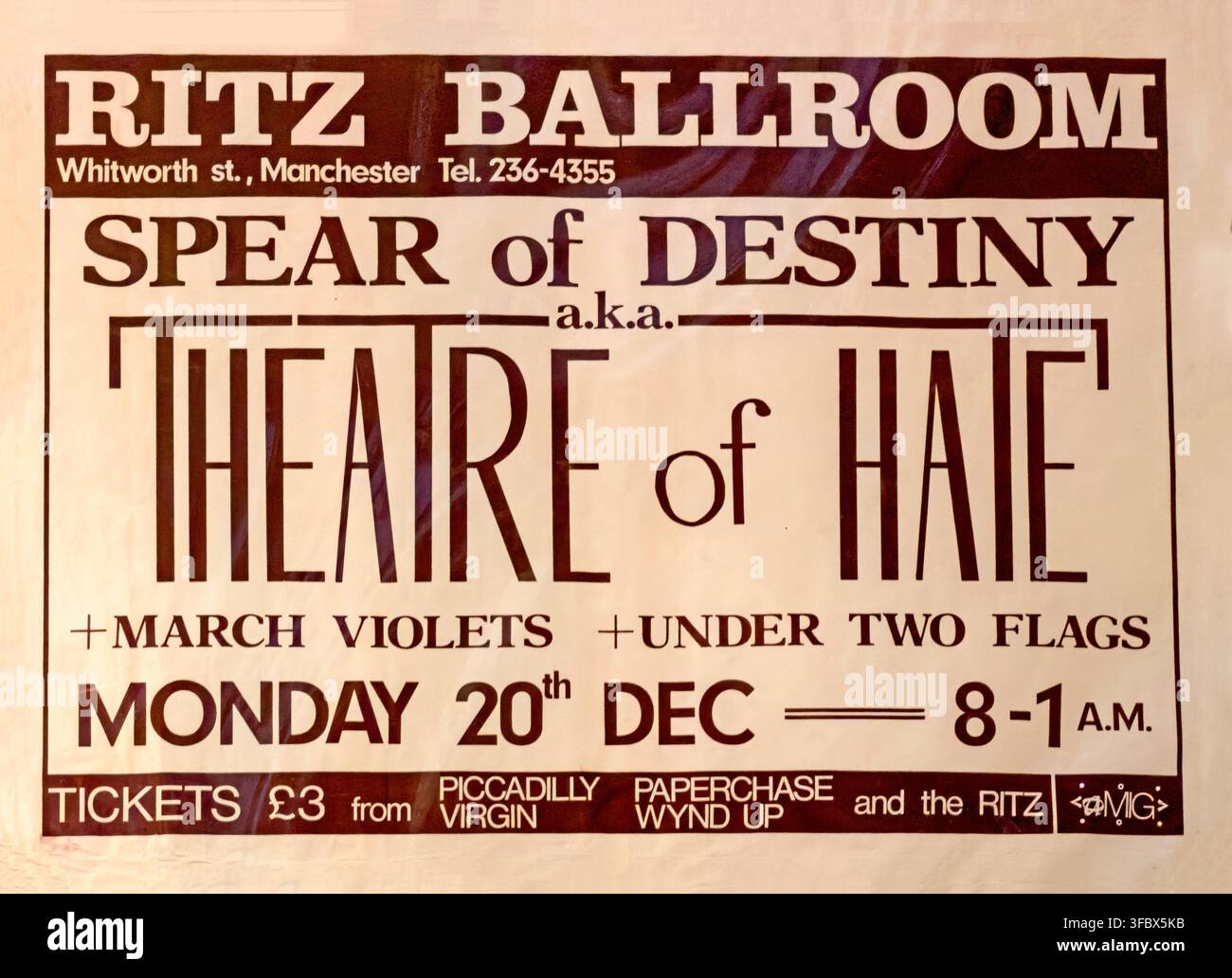 Flyer for Spear of Destiny, Theatre of Hate and March Violets at the Ritz Ballroom, Manchester, 20 December 1982. Stock Photo