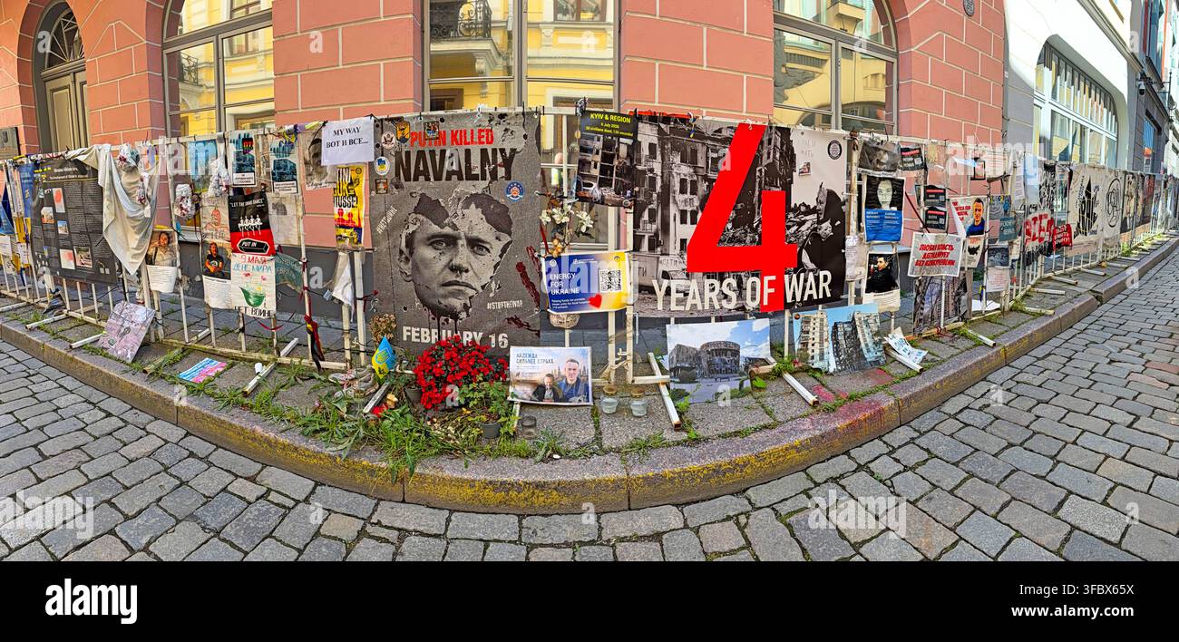 Panorama of anti-war posters and Navalny memorials outside the Russian Embassy in Tallinn Old Town, Estonia Stock Photo