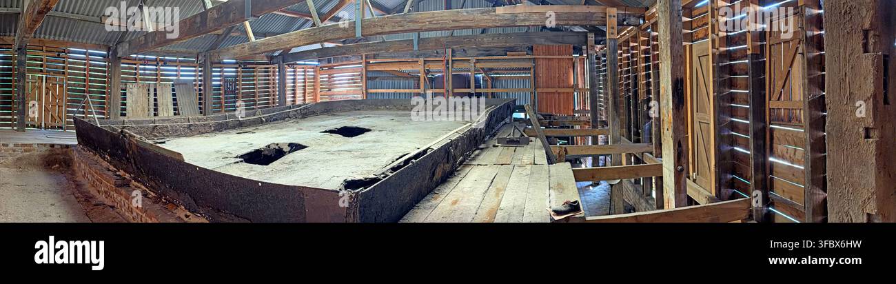 Wide panoramic view inside a restored manual salt evaporation pan at Lion Salt Works, Marston, Northwich, Cheshire, England, UK Stock Photo