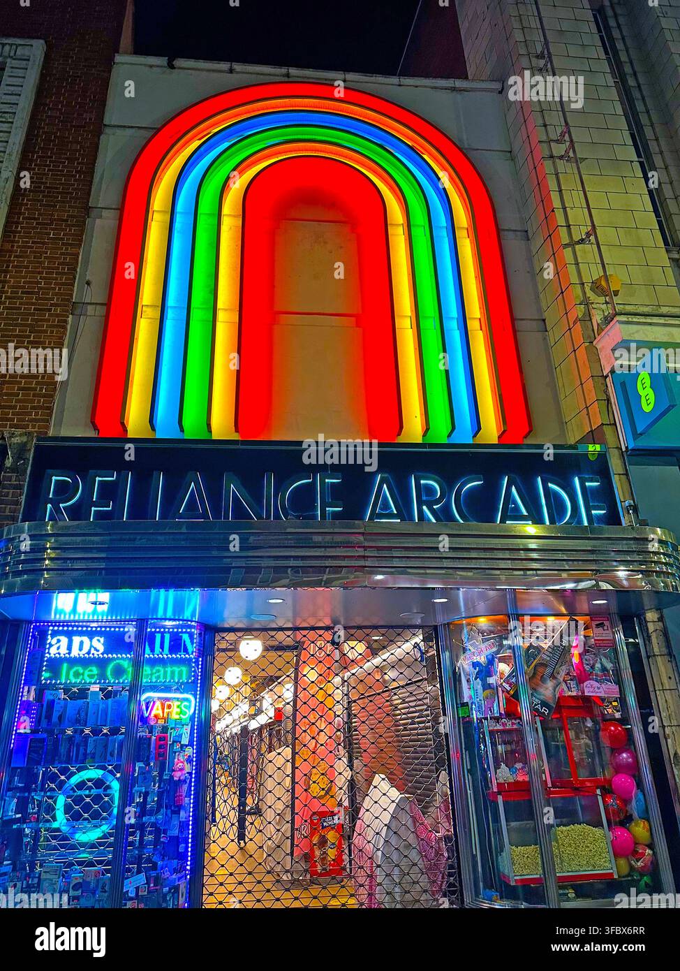 Colourful entrance to Reliance Arcade on Electric Lane in Brixton, south London, England, UK. Stock Photo