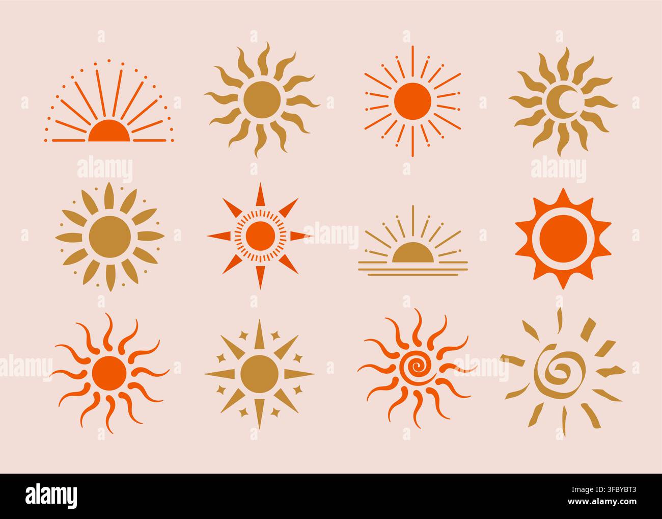 Vector boho retro summer abstract burst ray motif. Retro boho sun symbol groovy sunshine wave icon Stock Vector