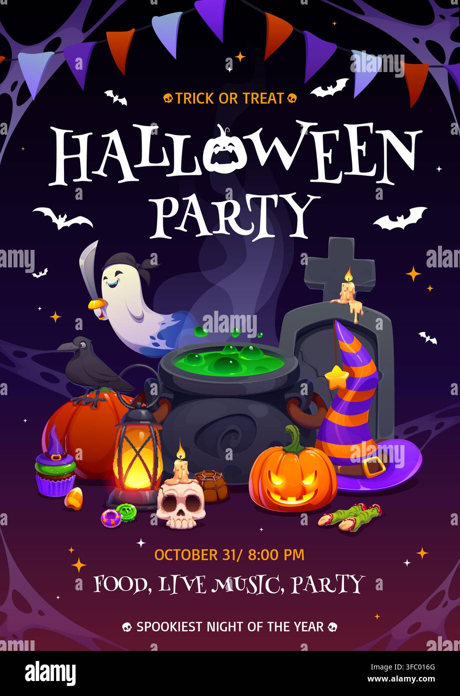 cauldron, pumpkin, ghost at Halloween party flyer Stock Vector