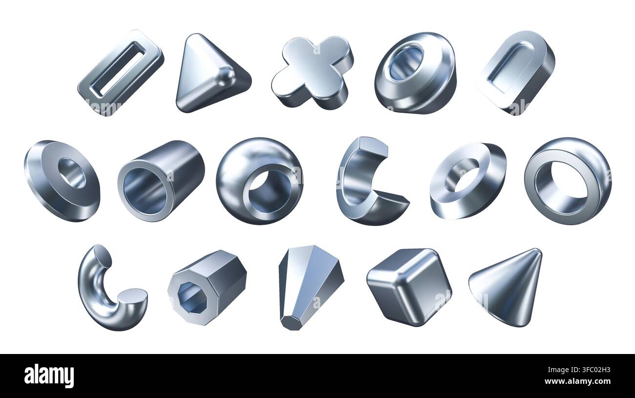 3d silver or chrome metal geometric shape objects Stock Vector