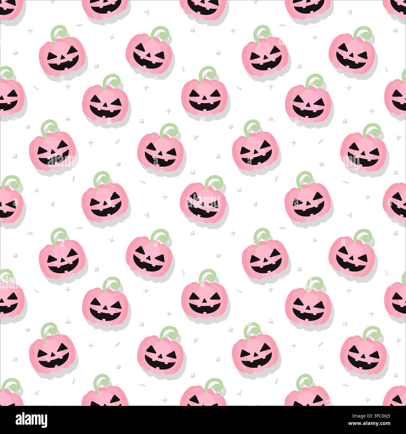 Cute seamless Halloween pattern featuring pastel pink pumpkins with spooky smiling faces, green stems and small geometric decorations on a clean white Stock Vector