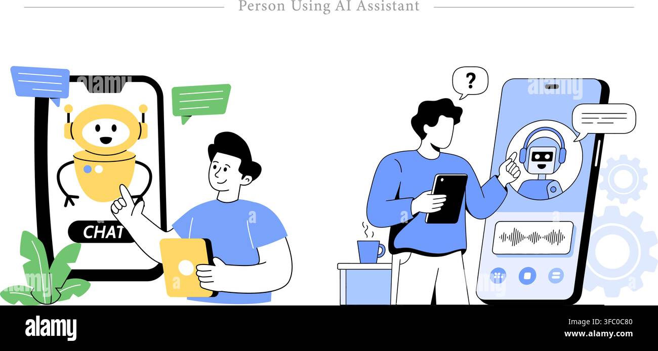 Person using AI assistant set showing users interacting with mobile chatbot applications, voice recognition, and virtual support flat vector Stock Vector