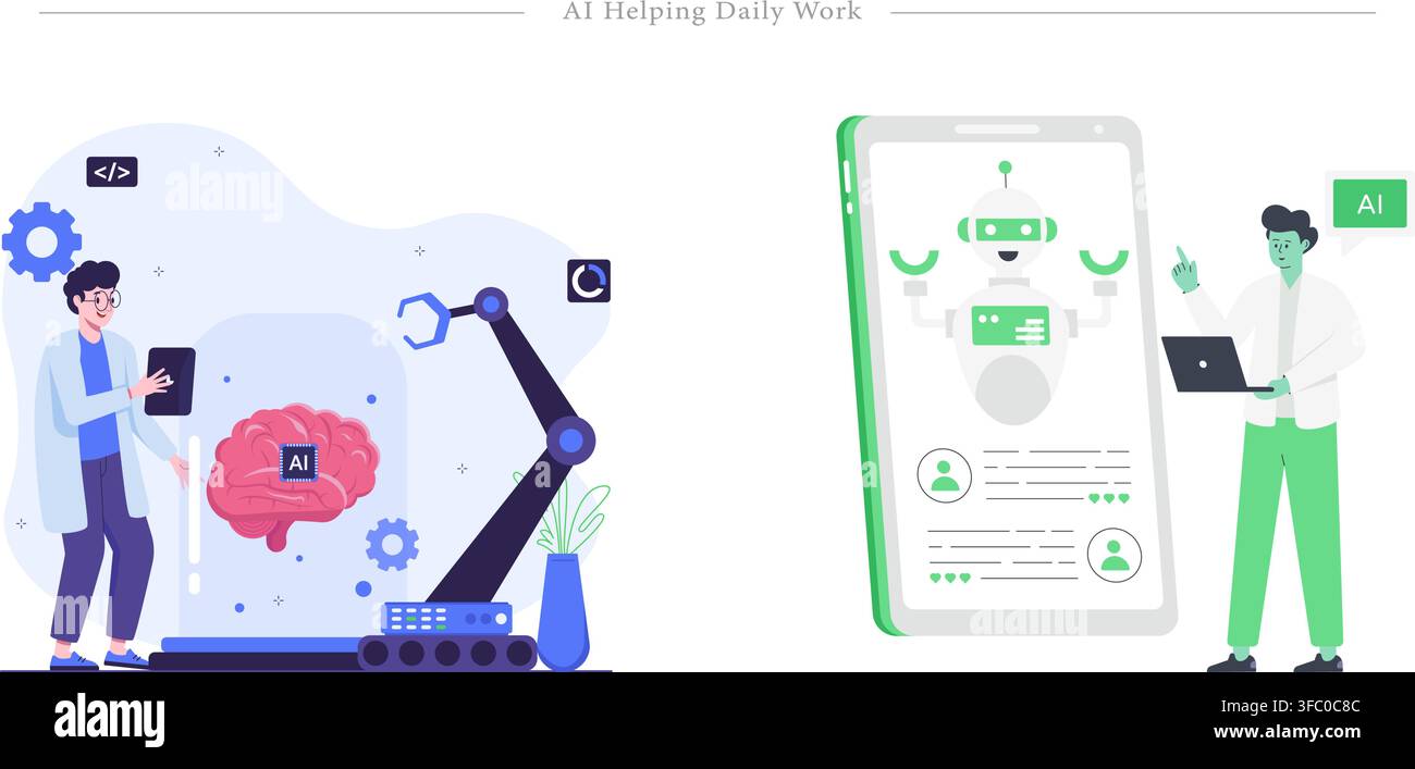 AI helping daily work vector set showing developers engineering machine learning systems and users interacting with virtual chatbot assistants flat Stock Vector