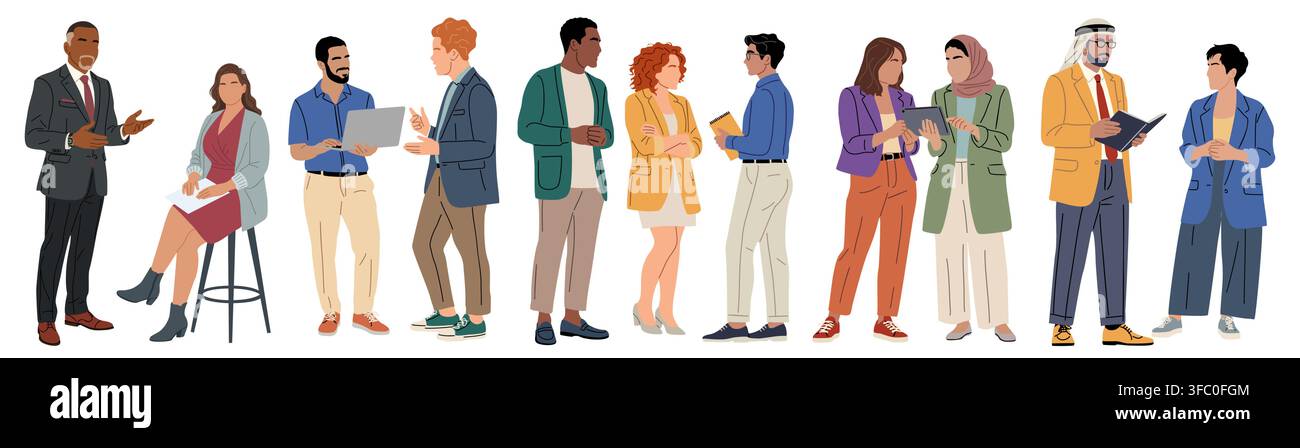People stand together engaged in work conversation Stock Vector