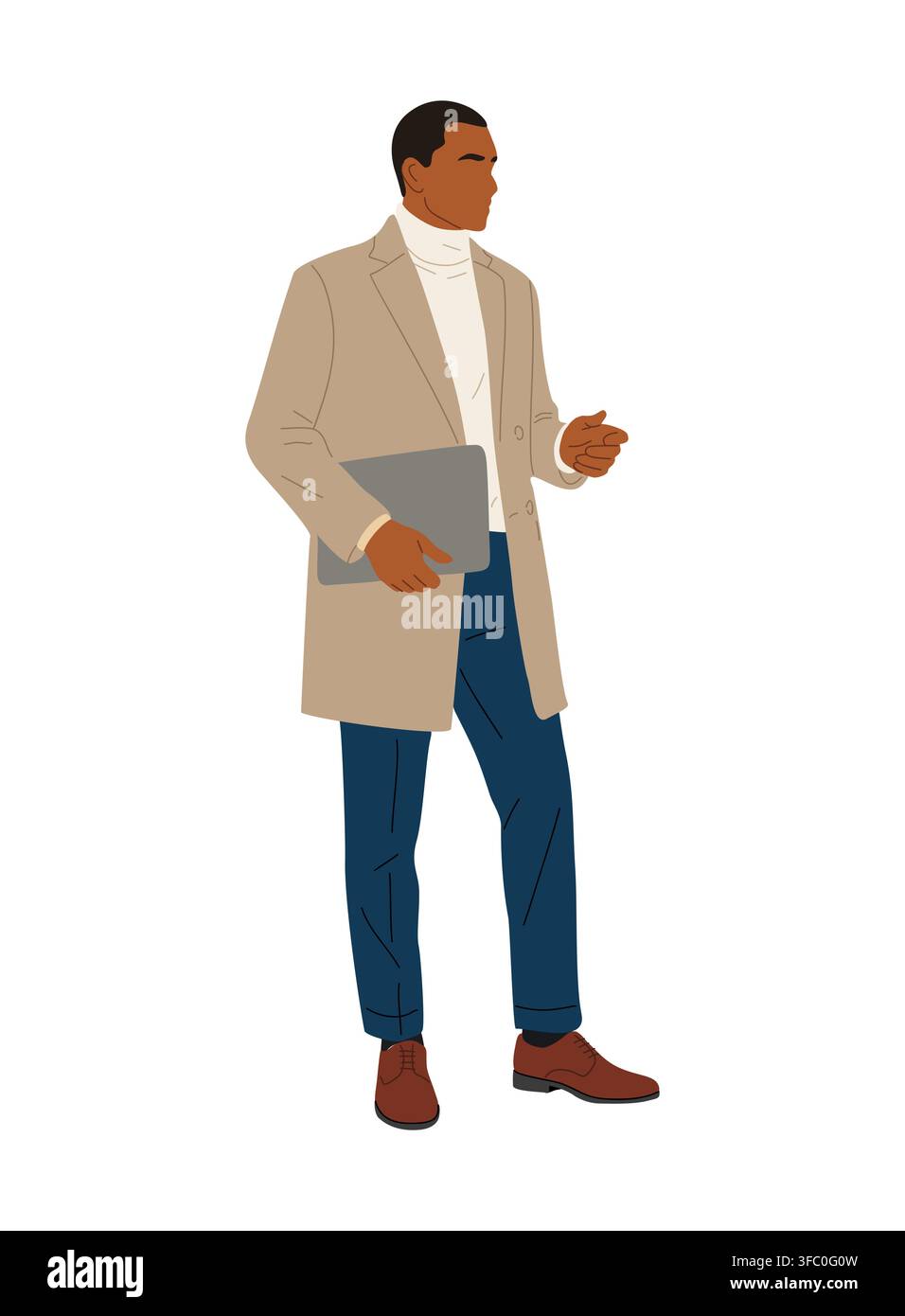 Man stands confidently, dressed in a beige coat Stock Vector