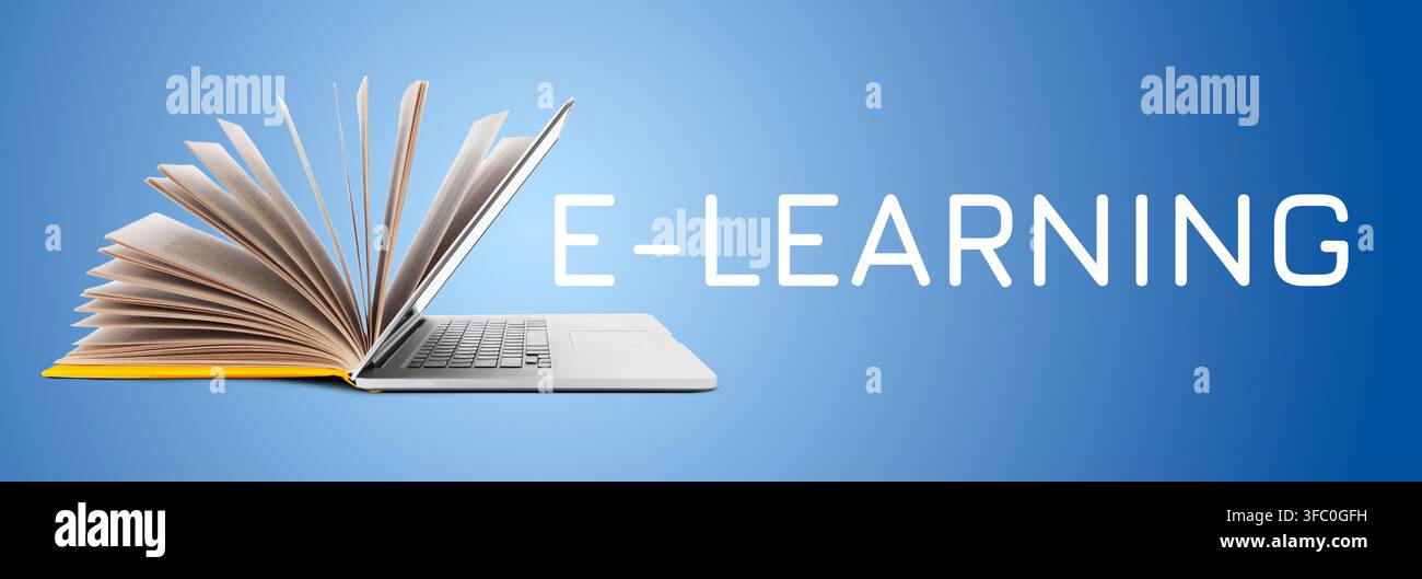 E learning combines technology and education for online learning experiences Stock Photo