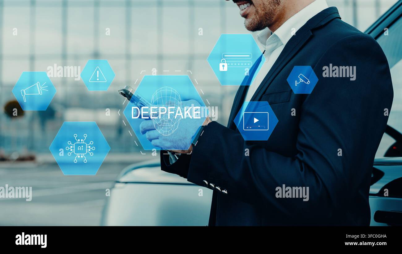 Person interacts with a smartphone while deep fake technology is shown on screen Stock Photo