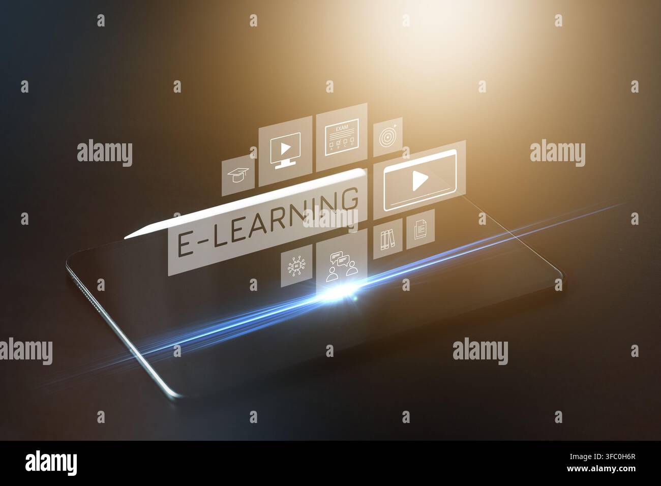 E learning tools displayed on a flat screen with icons representing digital education resources Stock Photo