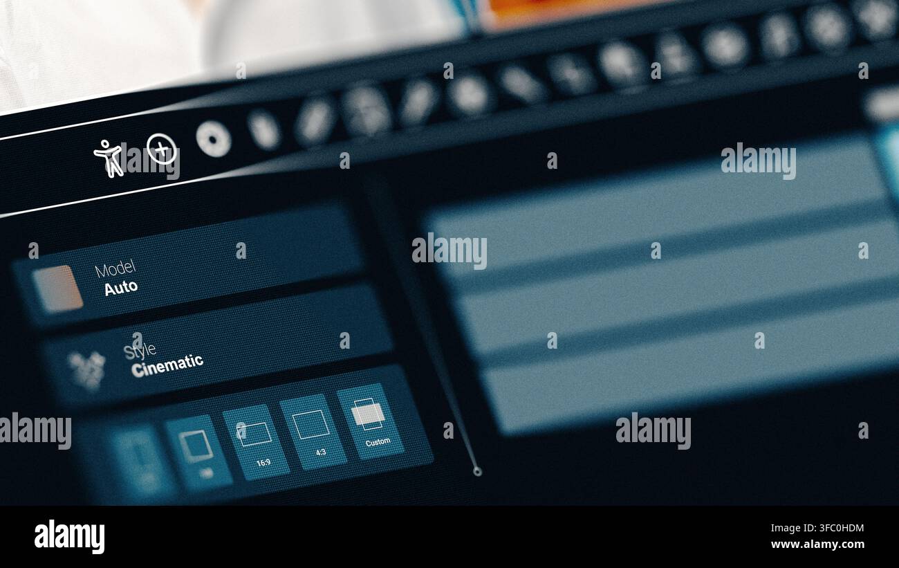 Editing software interface shows tools and options for video editing, focusing on model settings and style selection in a workspace Stock Photo