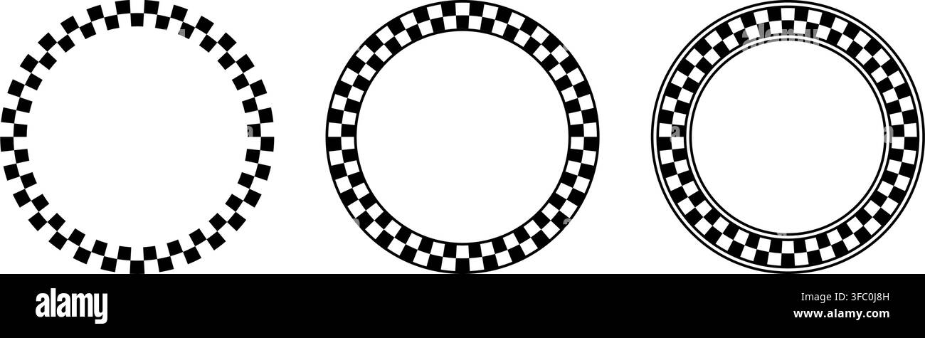 Checkered circle frames set. Circle frame with checkerboard geometric pattern. Round chess border with black and white square pattern. Round race Stock Vector