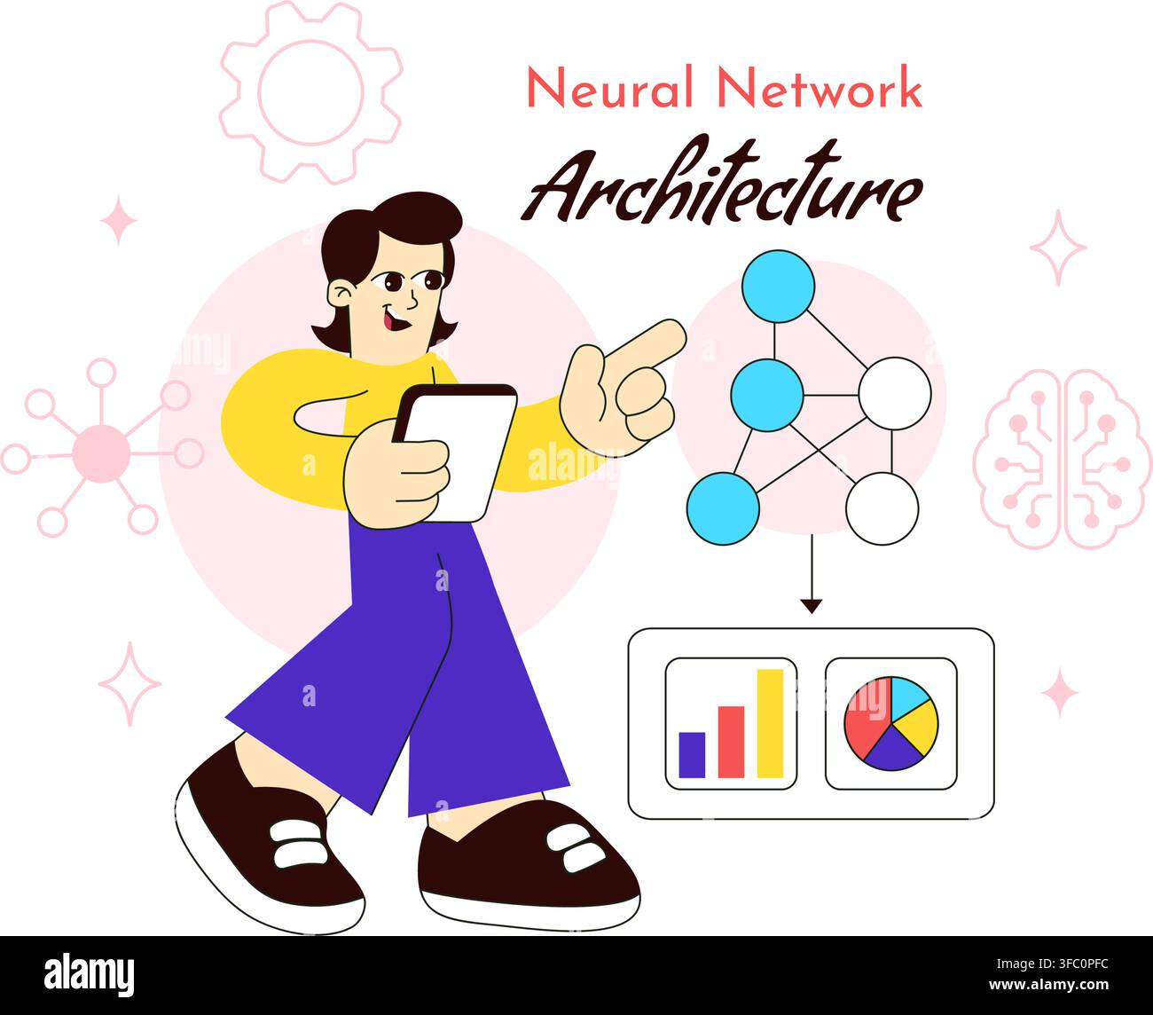 Neural Network Architecture Vector Illustration Featuring People Analyzing AI Models, Data Charts, And Machine Learning Brain Stock Vector