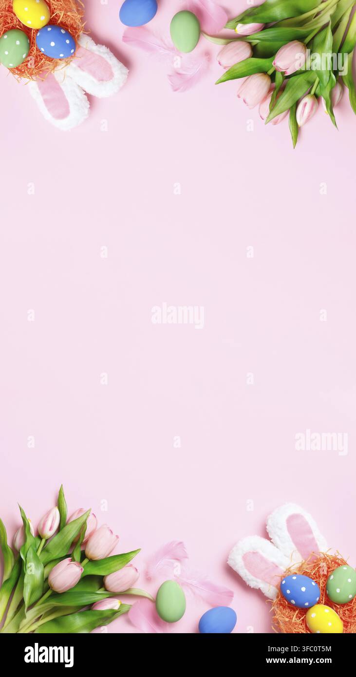 Easter eggs, tulips, bunny ears on a pink background. Greeting card with copy space flat lay Stock Photo