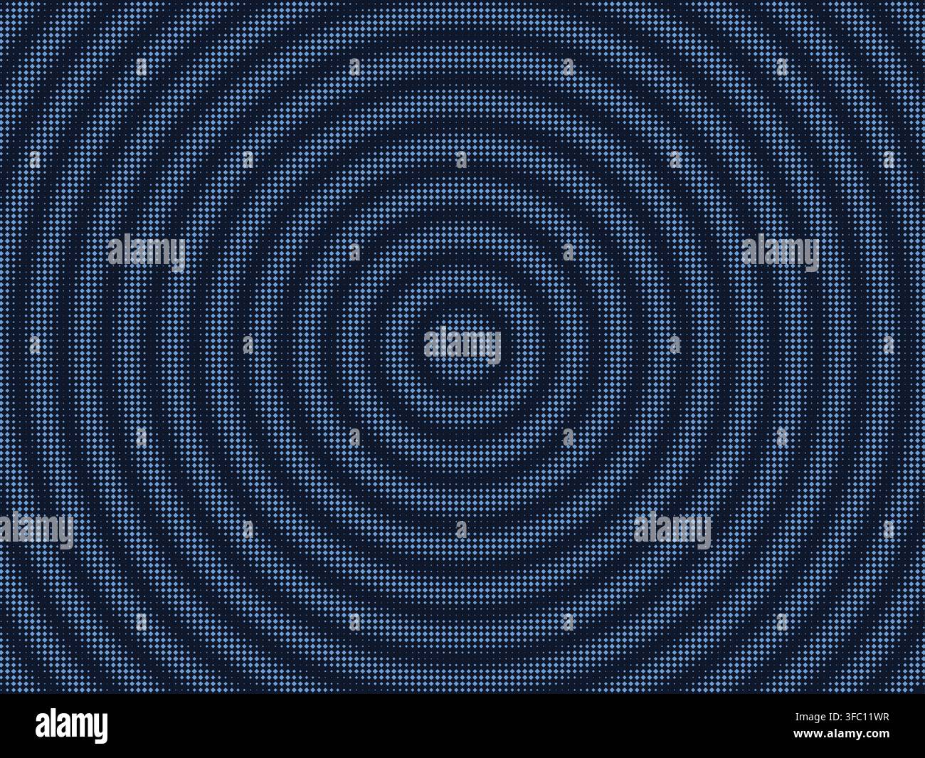 Dark Blue Halftone Dot Background with Concentric Circular Wave Pattern and Retro Texture Stock Vector