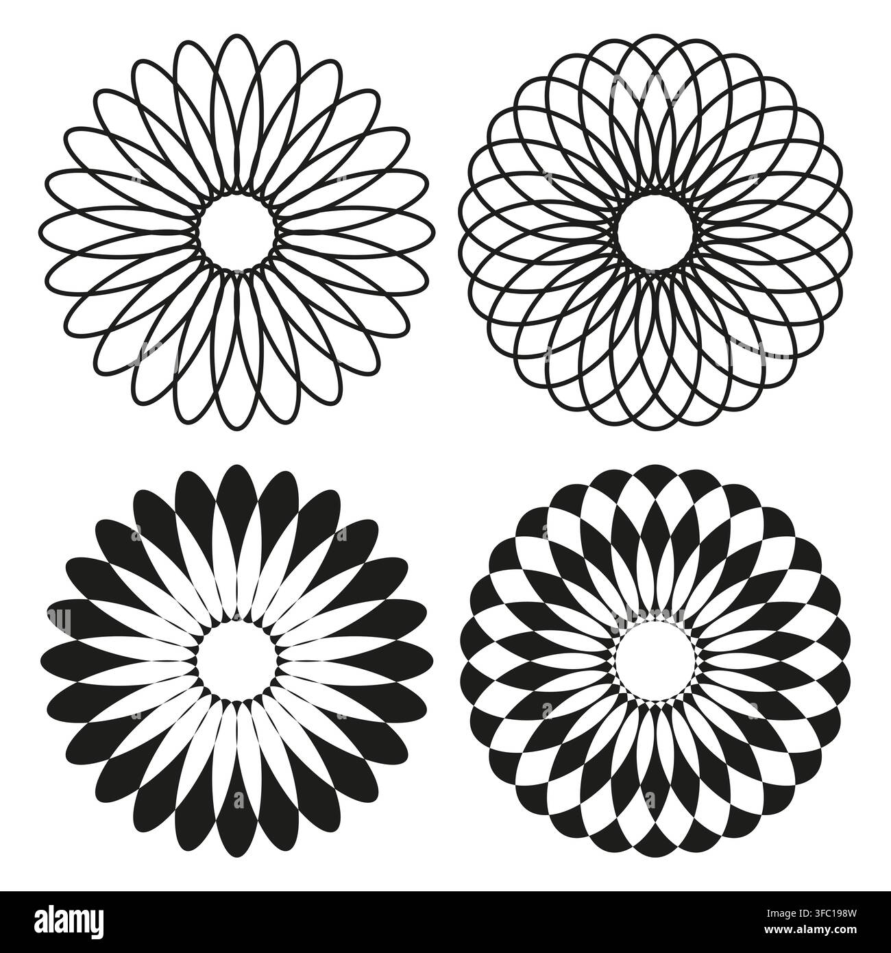 Flower mandala geometry vector set features black white rosette. It represents creative abstract ornament. Stock Vector