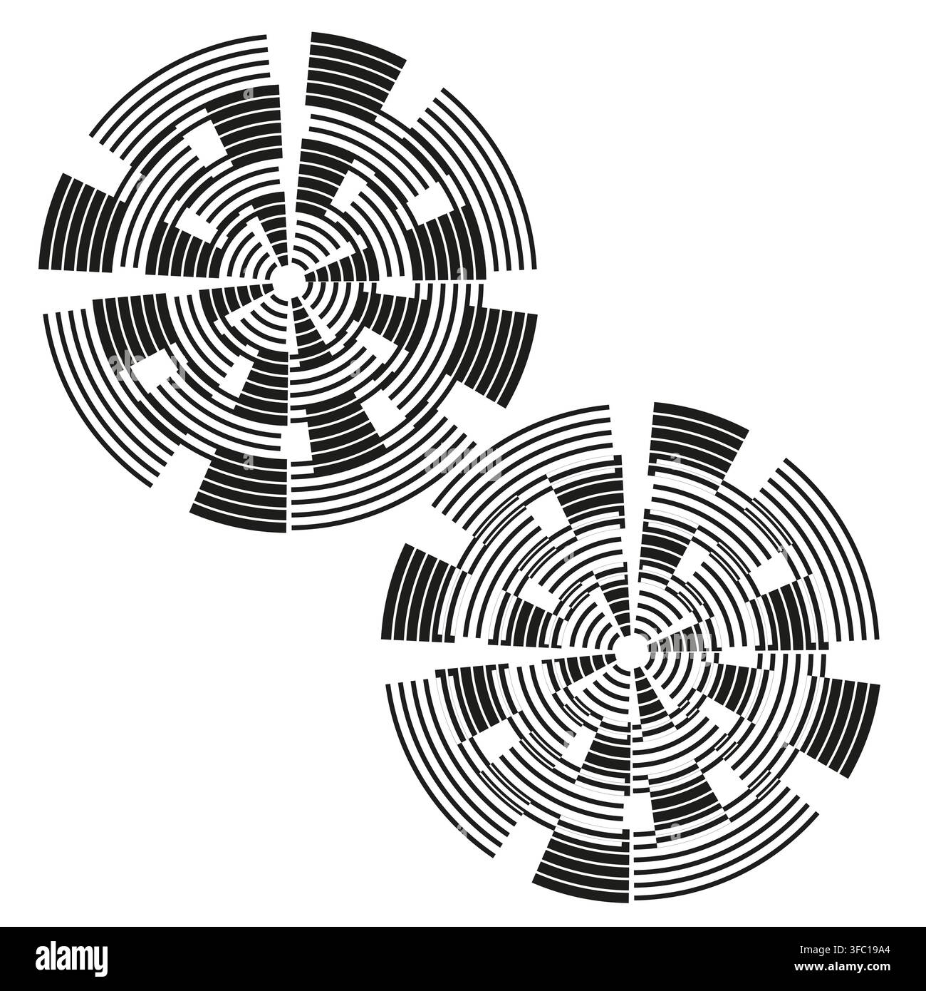 Circle labyrinth radial vector set features geometric segment pattern. It represents creative abstract maze. Stock Vector