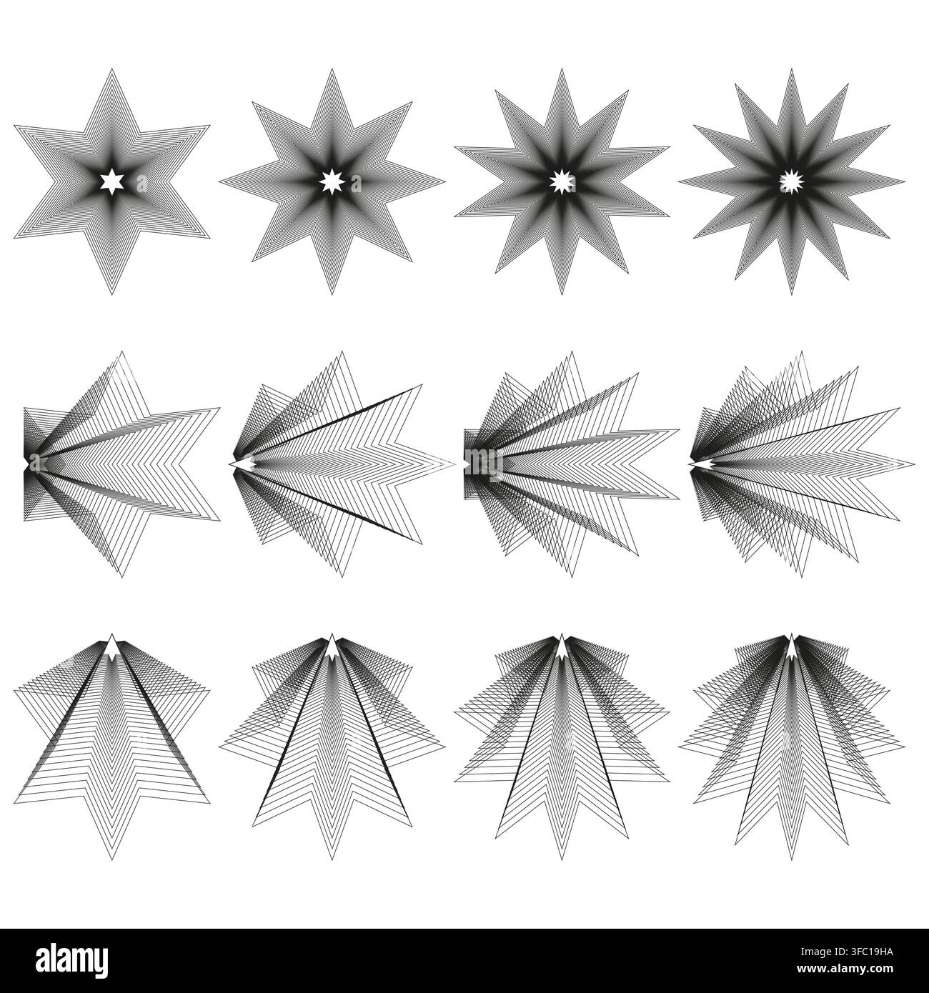 Star burst flower vector set features geometric gradient line. It represents creative abstract ornament. Stock Vector