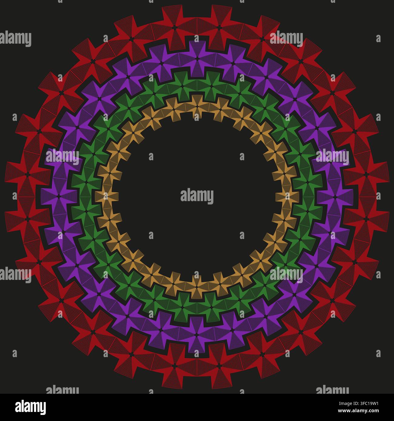 Cross circle mandala vector shape features colorful geometric pattern. It represents creative abstract ornament. Stock Vector