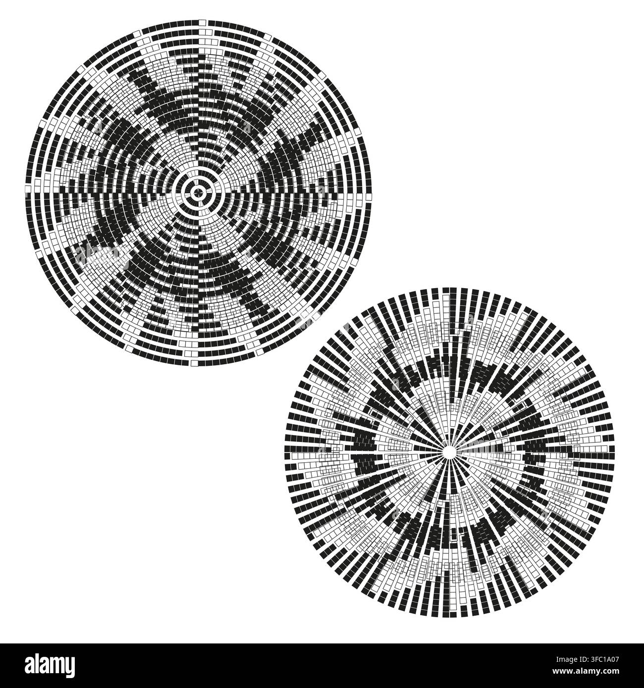 Circle radar vortex vector set features geometric halftone pattern. It represents creative abstract rosette. Stock Vector