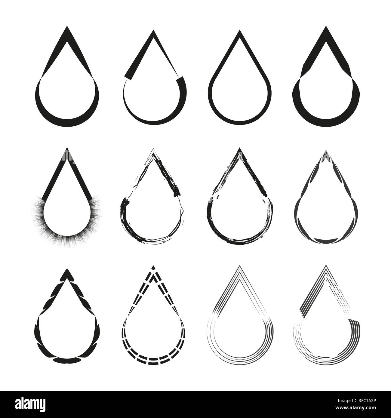 Water drop stroke vector set features simple tear shape. It visualizes creative liquid sketch. Stock Vector