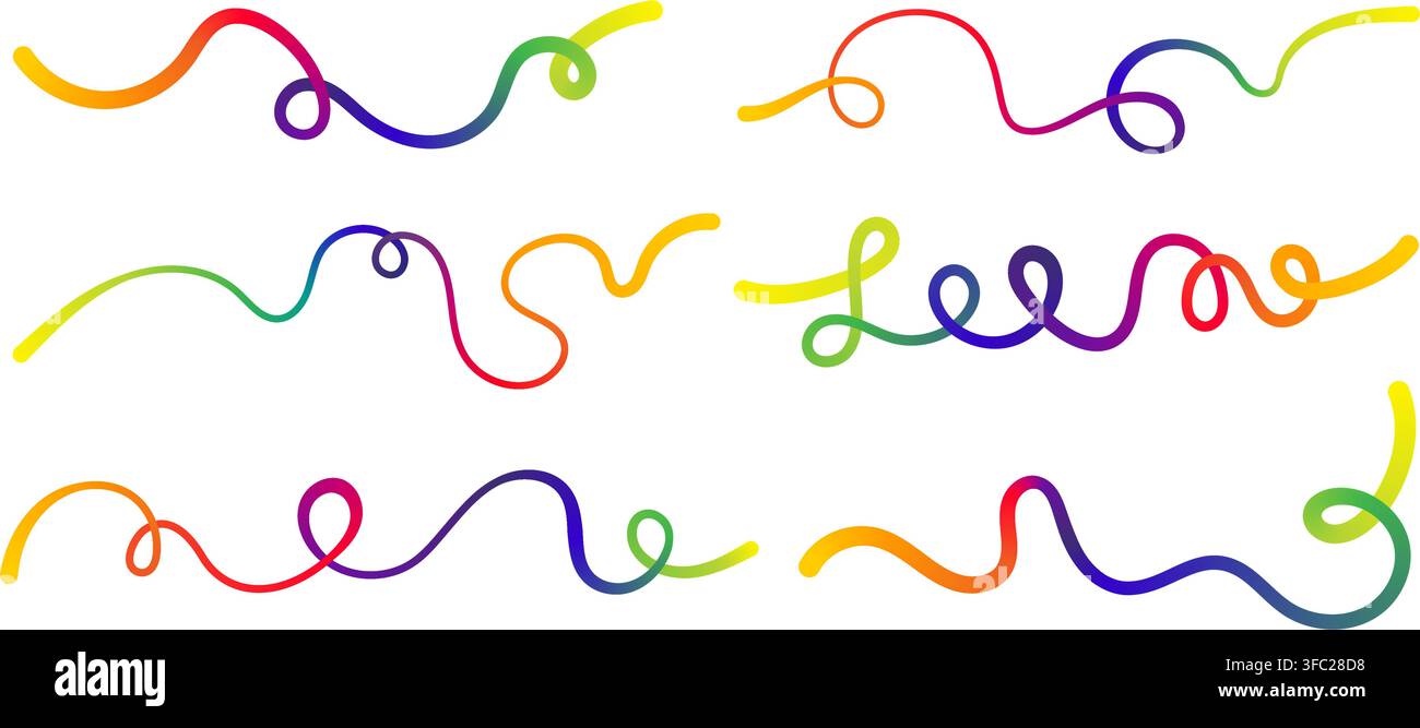 Wavy squiggle rainbow gradient color line create dynamic abstract curve vector illustration set. Stock Vector