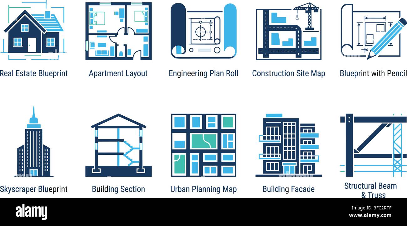 Architectural and construction blueprint vector icons set for planning and building projects. Stock Vector
