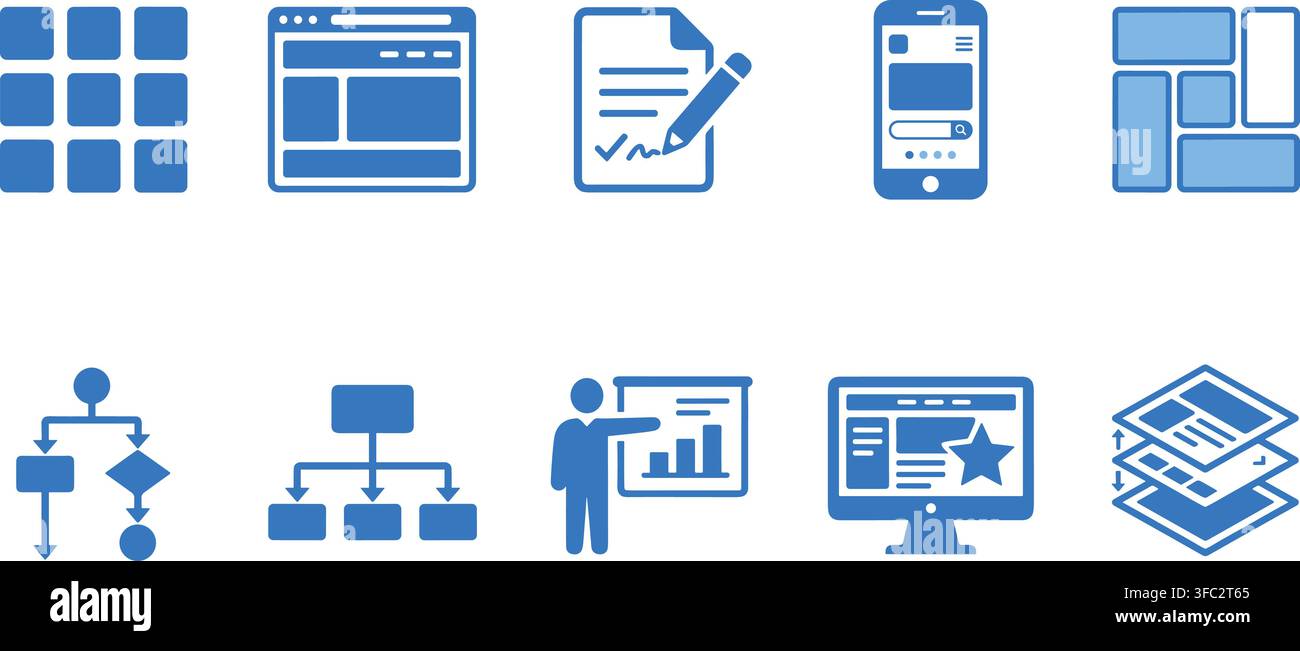 Blue computing icons set with various user interface elements for website and application design mockups. Stock Vector
