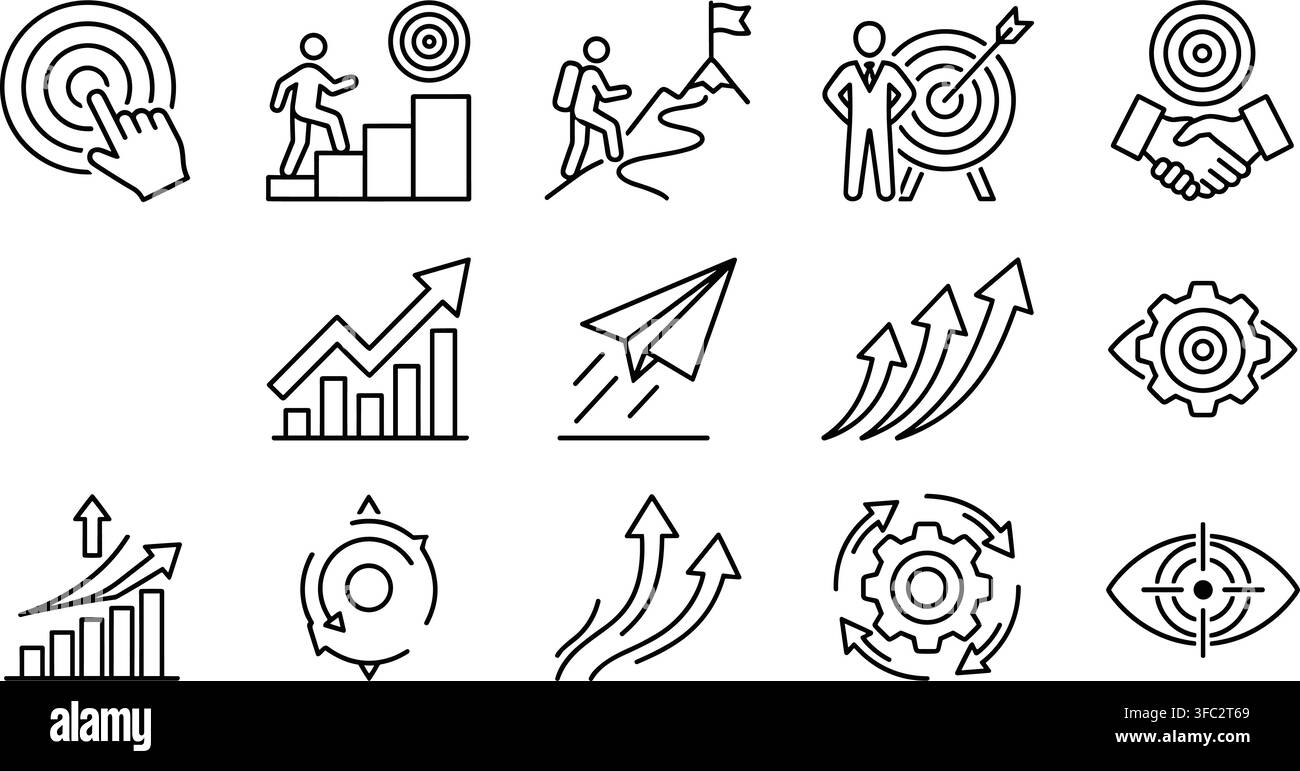 Black and white outline icons representing business goals, career advancement, and strategic targets. Stock Vector