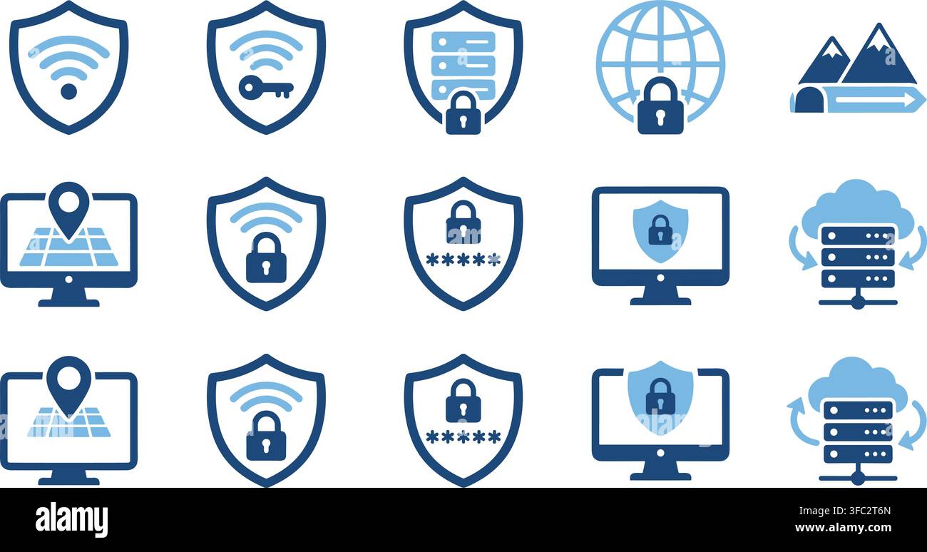 Blue cybersecurity shield icons set, internet and data protection symbols for digital safety. Stock Vector