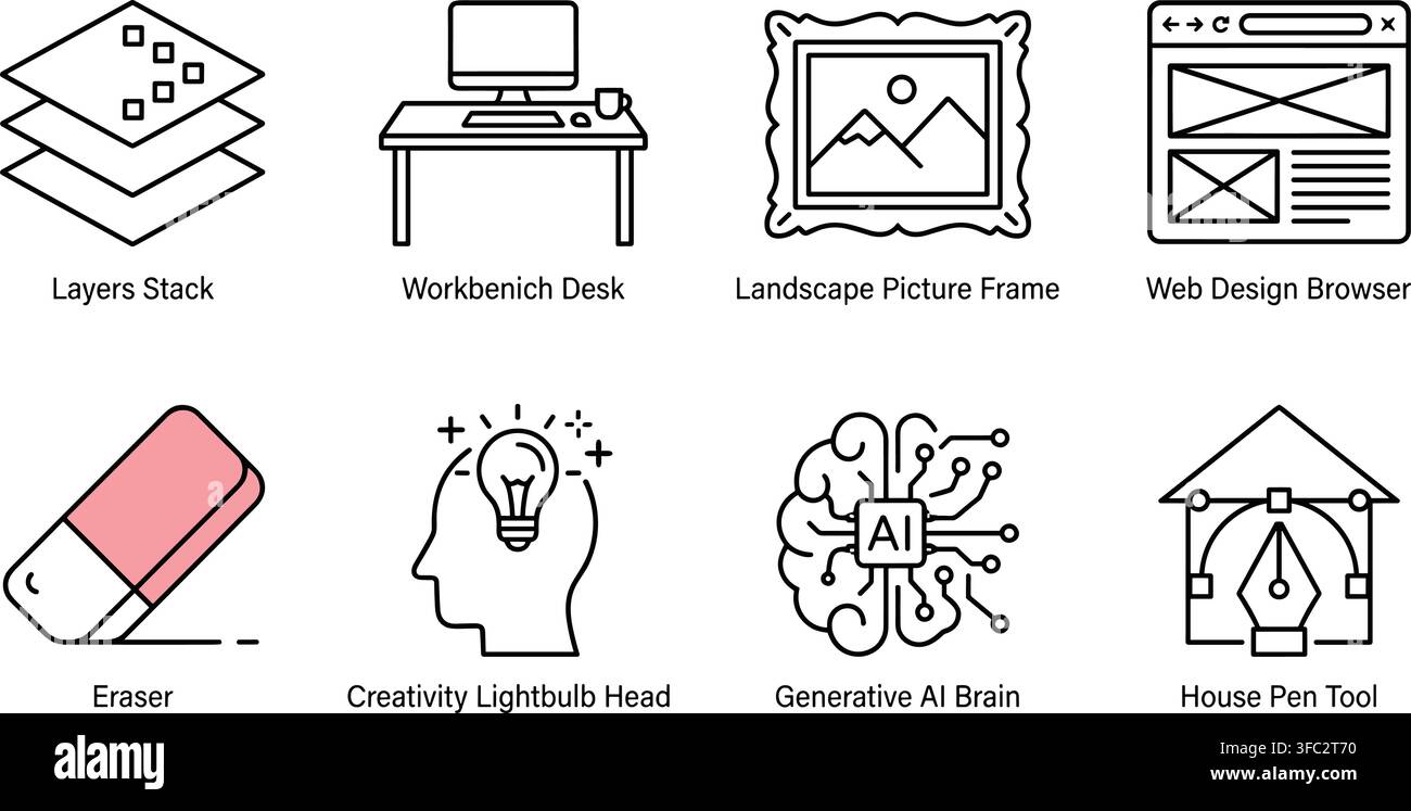 Black outline icons depicting digital design tools and concepts, including layers, workspace, and creativity. Stock Vector