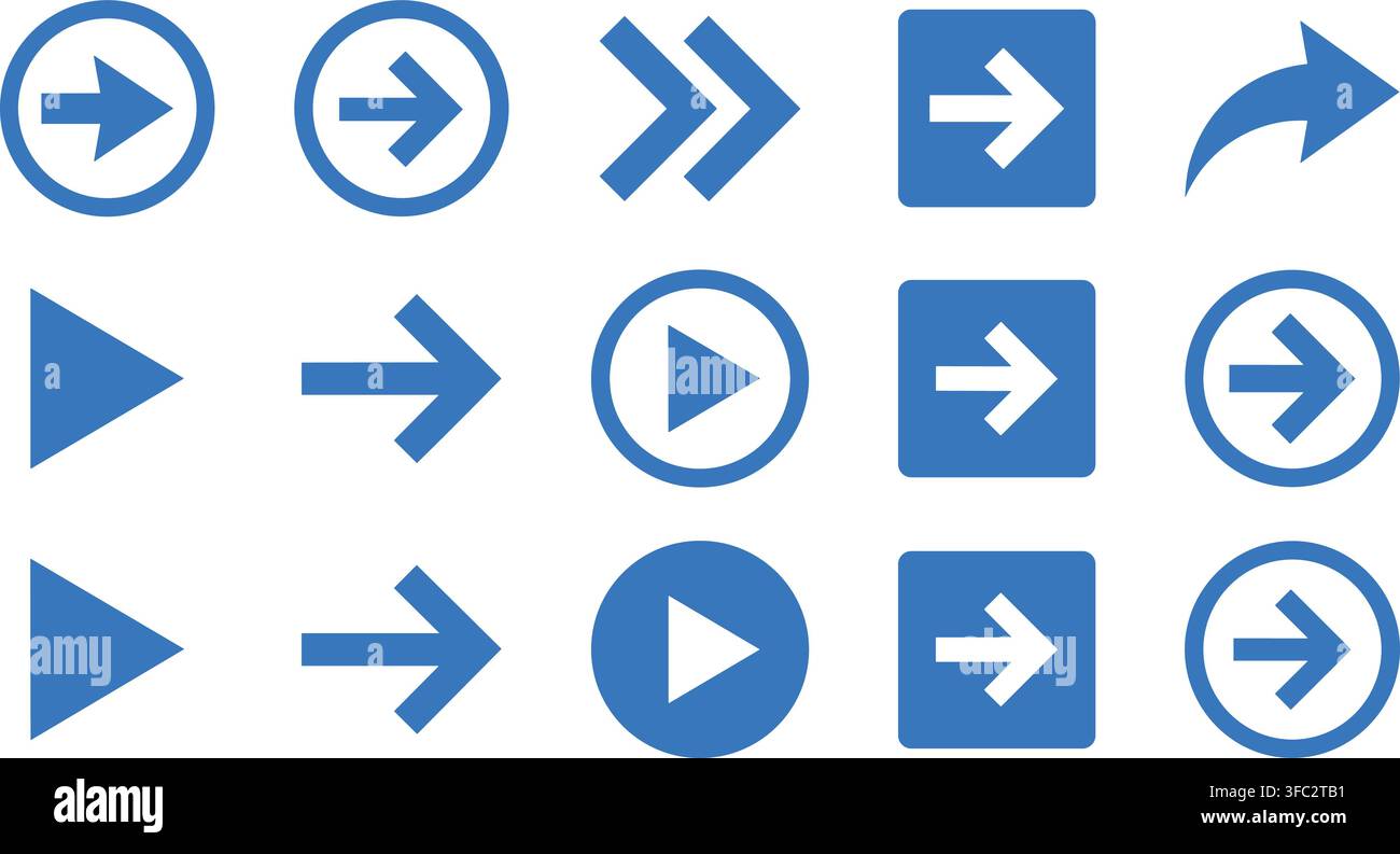 Blue directional arrows vector set featuring circle next play fast forward square and curved sharing pointers layout. Stock Vector