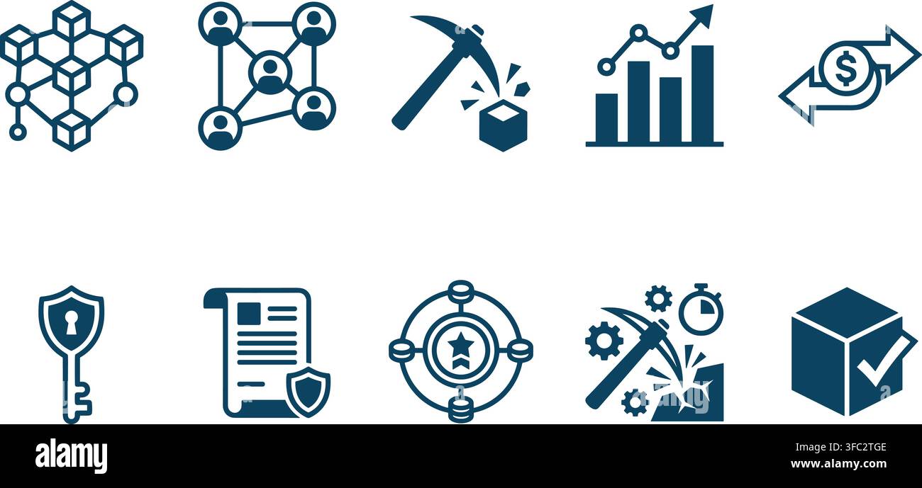 Blockchain technology flat blue icon set representing cryptocurrency mining transaction security and decentralization. Stock Vector