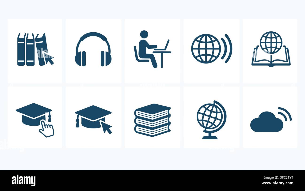 Blue vector icons representing online education, learning resources, and digital cloud services for academic platforms. Stock Vector