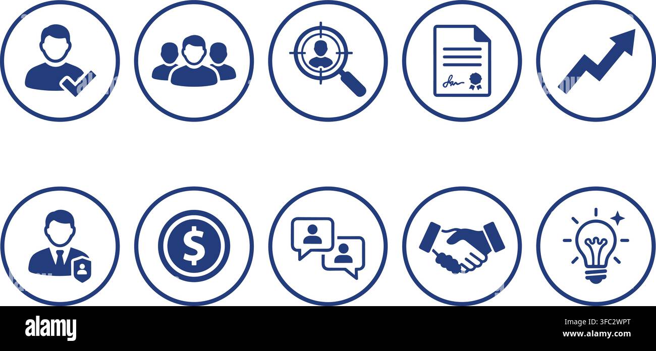 Circular business icons, blue, representing people, finance, and ideas for professional networking and success. Stock Vector