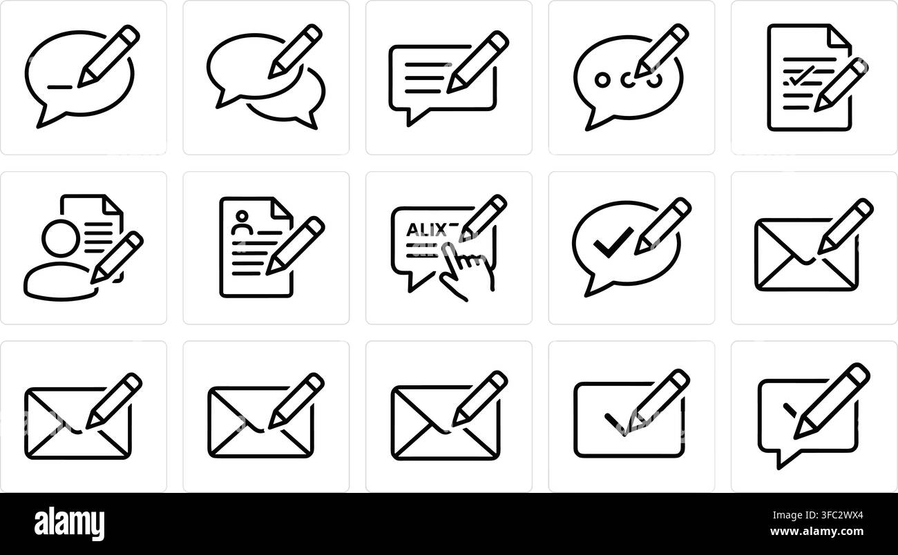 Chat, document, cv, mail, form, email with pencil write edit update message outline icon set. Stock Vector