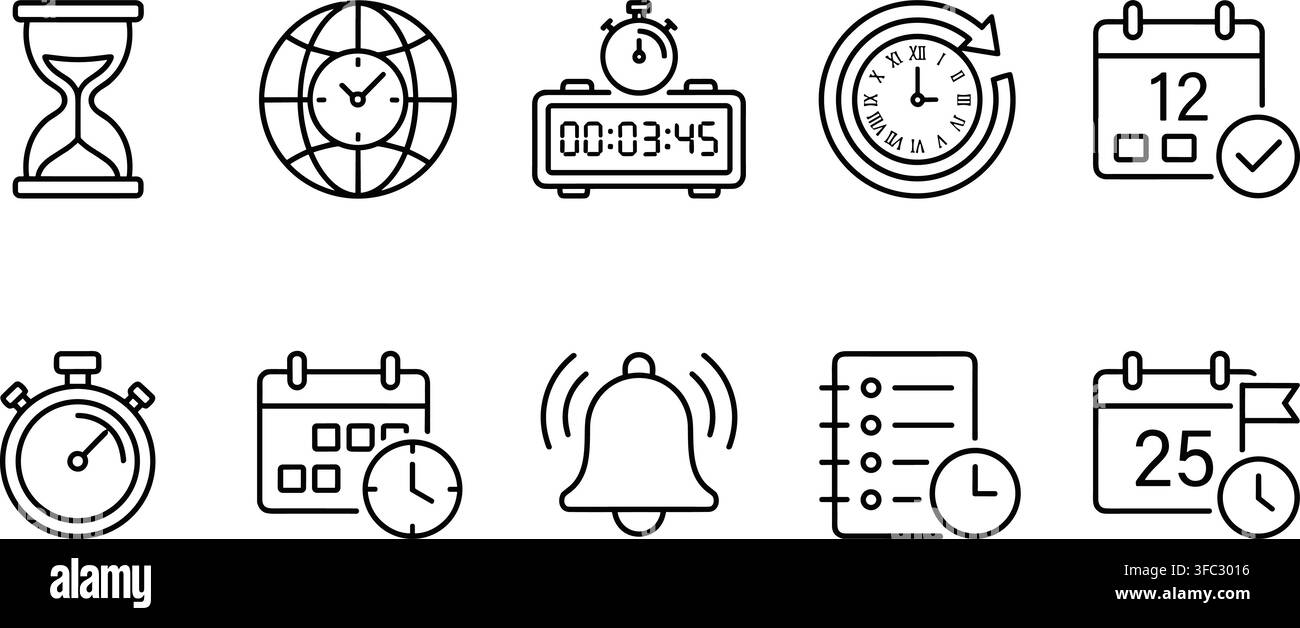 Comprehensive time and date management line icons including hourglass clock calendar and stopwatch for scheduling apps. Stock Vector