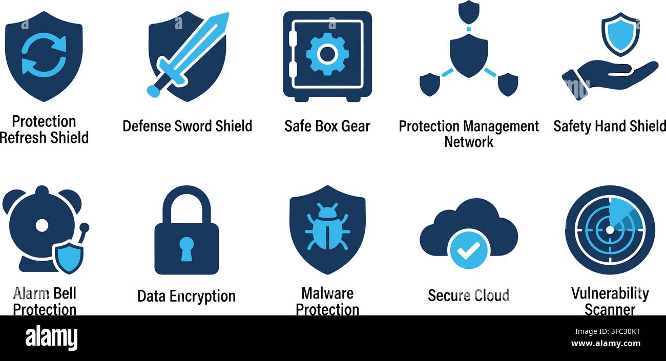 Cybersecurity management icons set includes shields and safe gear elements for advanced data protection interfaces. Stock Vector